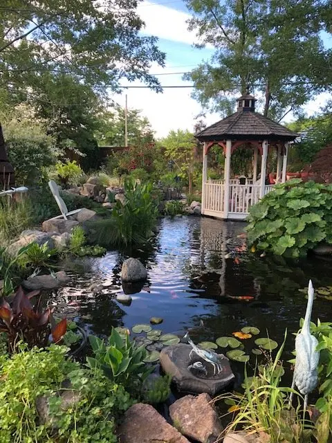 A large garden pond with a gazebo, lush plants and a heron statue